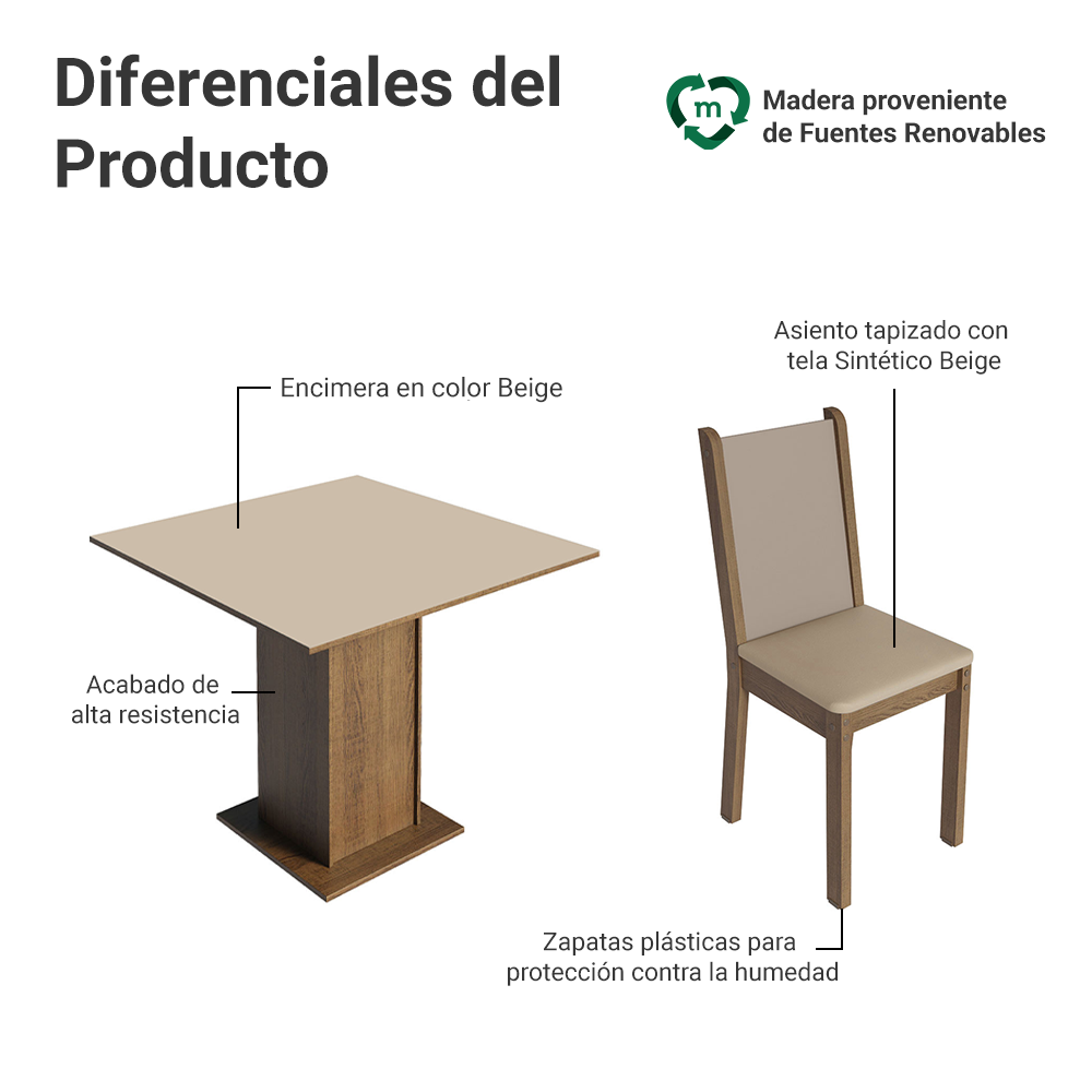Juego de Comedor Alana con 4 Sillas Marrón/Crema/Beige