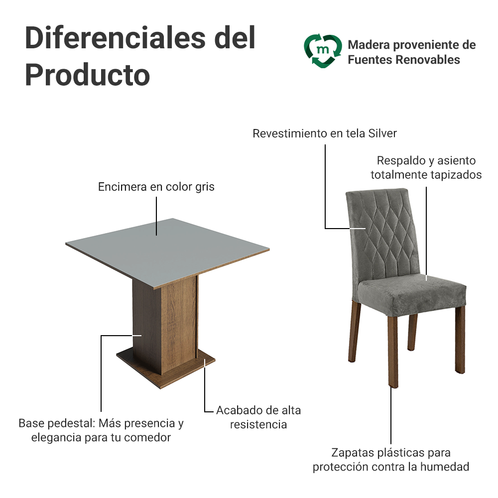 Juego de Comedor Livia con 4 Sillas Marrón/Gris/Plateado