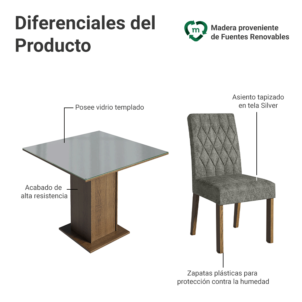 Juego de Comedor Anaju con 4 Sillas - Tablero de Madera y Cubierta de Cristal Marrón/Gris/Plateado