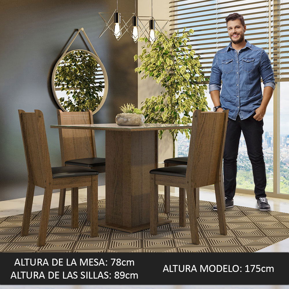 Juego de Comedor Perla con 4 Sillas - Tablero de Madera y Cubierta de Cristal Marrón/Crema/Negro