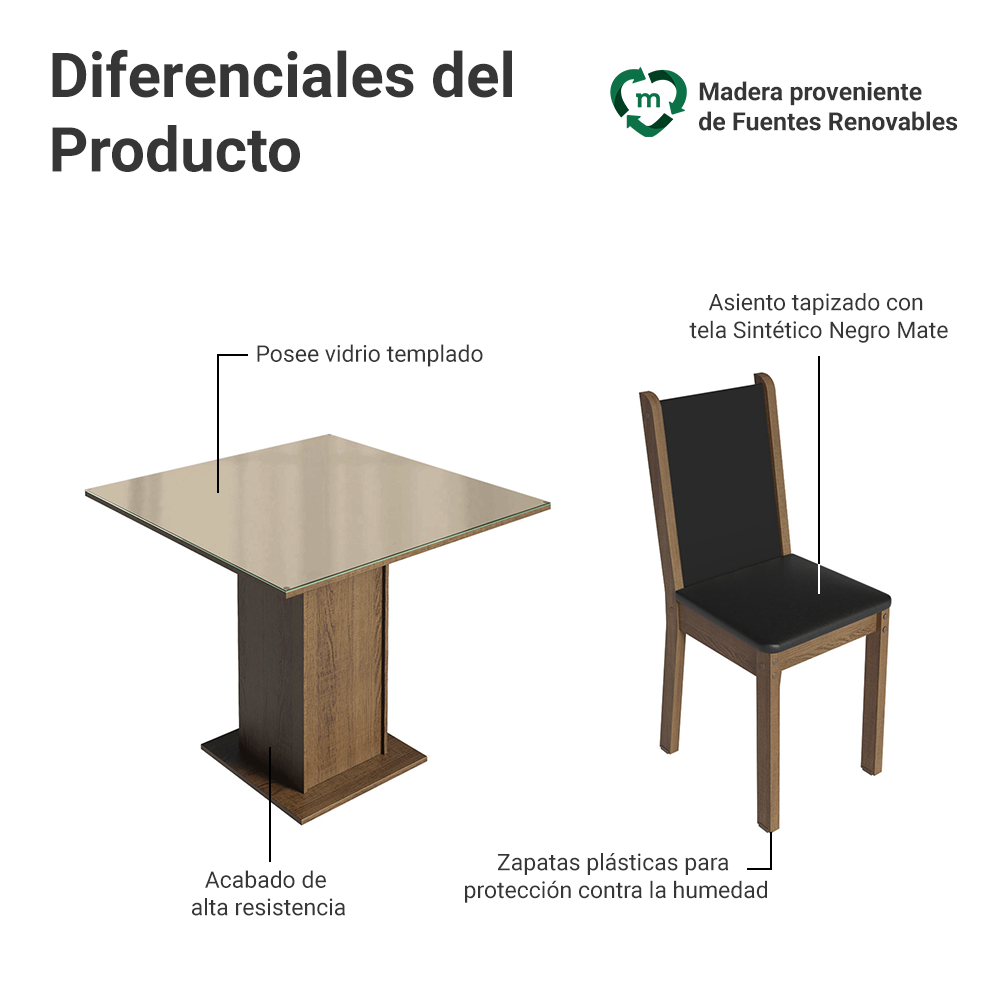 Juego de Comedor Tifani con 4 Sillas - Tablero de Madera y Cubierta de Cristal Marrón/Crema/Negro