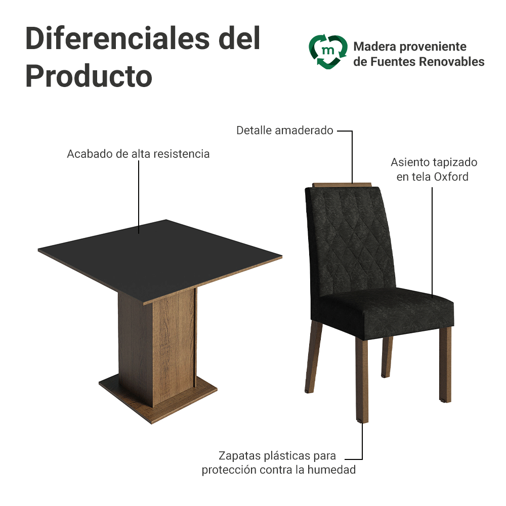 Juego de Comedor Cannes con 4 Sillas MarrónNegroOxford