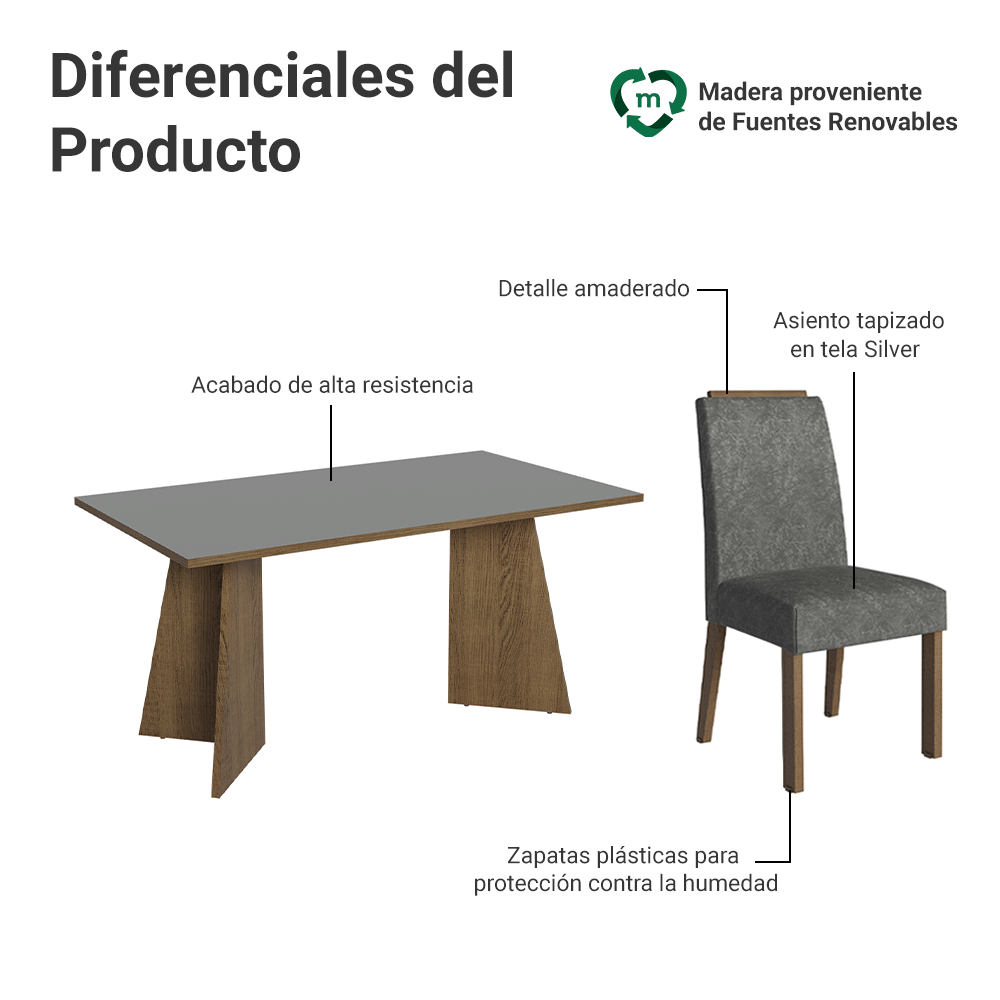 Juego de Comedor Évora con 4 Sillas Marrón/Gris/Plateado