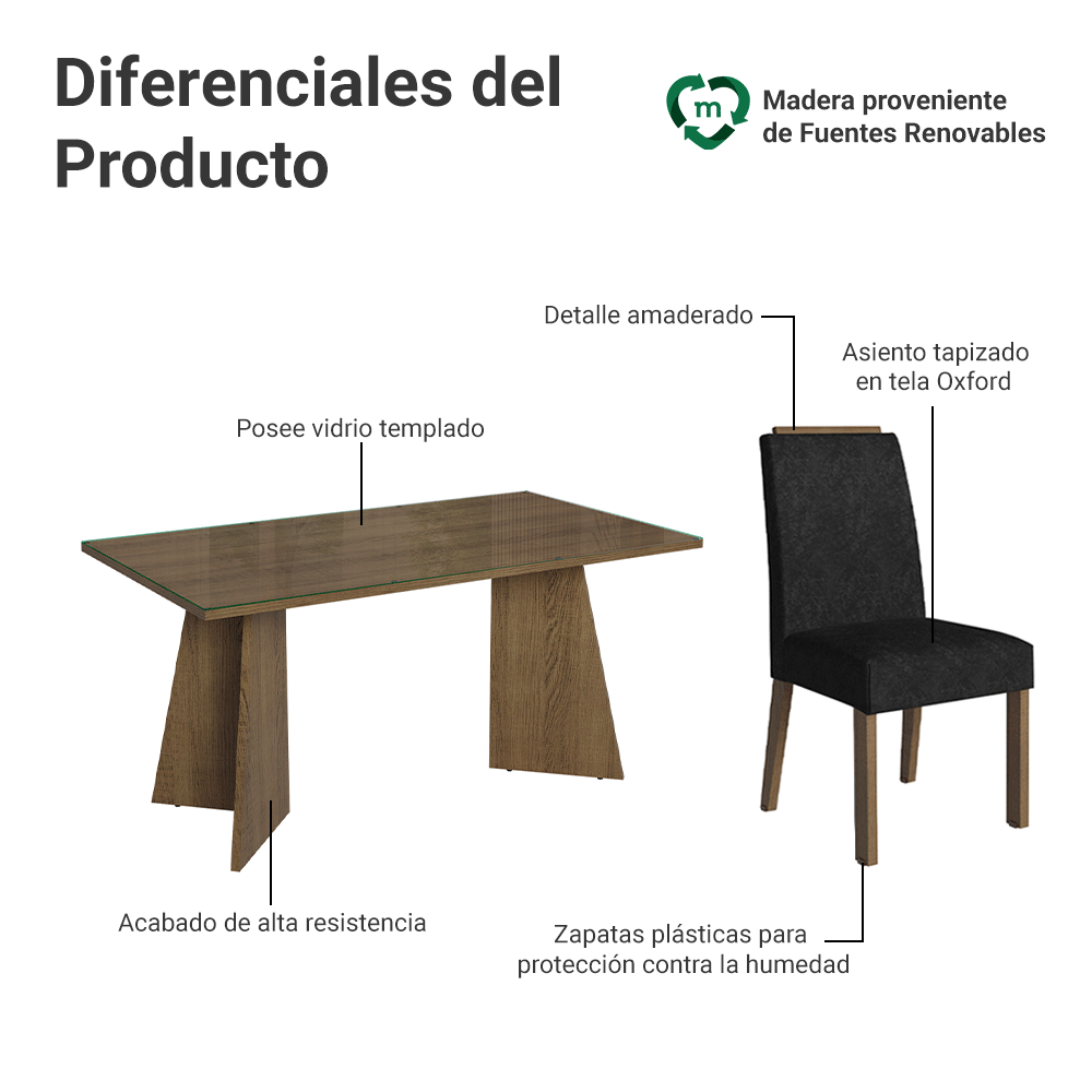 Juego de Comedor Braga con 4 Sillas - Tablero de Madera y Cristal Marrón/Oxford