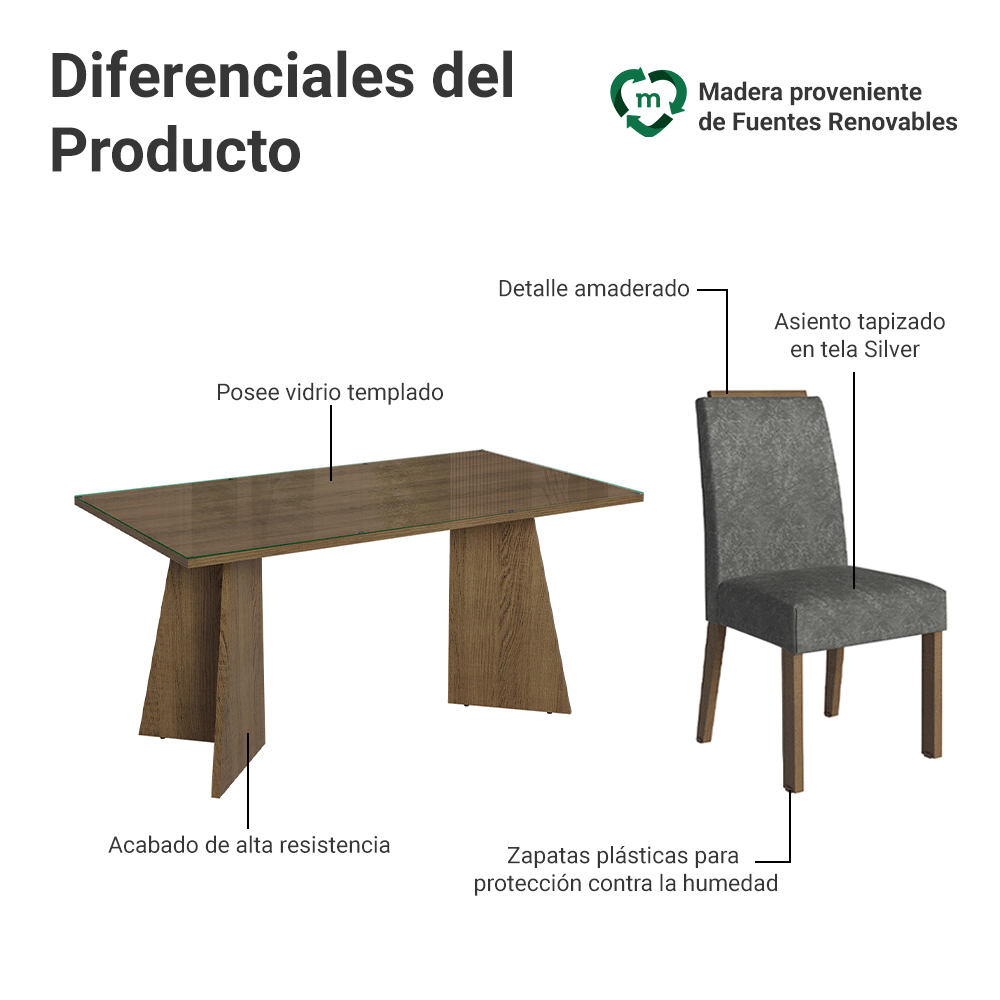Juego de Comedor Braga con 4 Sillas - Tablero de Madera y Cristal Marrón/Plateado