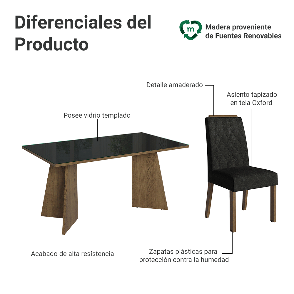 Juego de Comedor Porto con 4 Sillas - Tablero de Madera y Cristal Marrón/Negro/Oxford