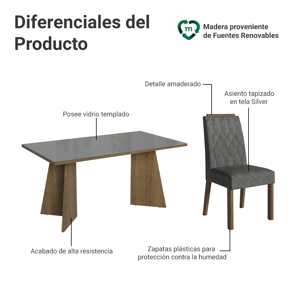 Juego de Comedor Porto con 4 Sillas - Tablero de Madera y Cristal Marrón/Gris/Plateado
