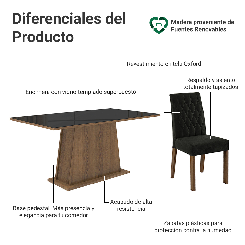 Juego de Comedor Stéfani con 6 Sillas - Tablero de Madera y Cubierta de Cristal Marrón/Negro/Oxford