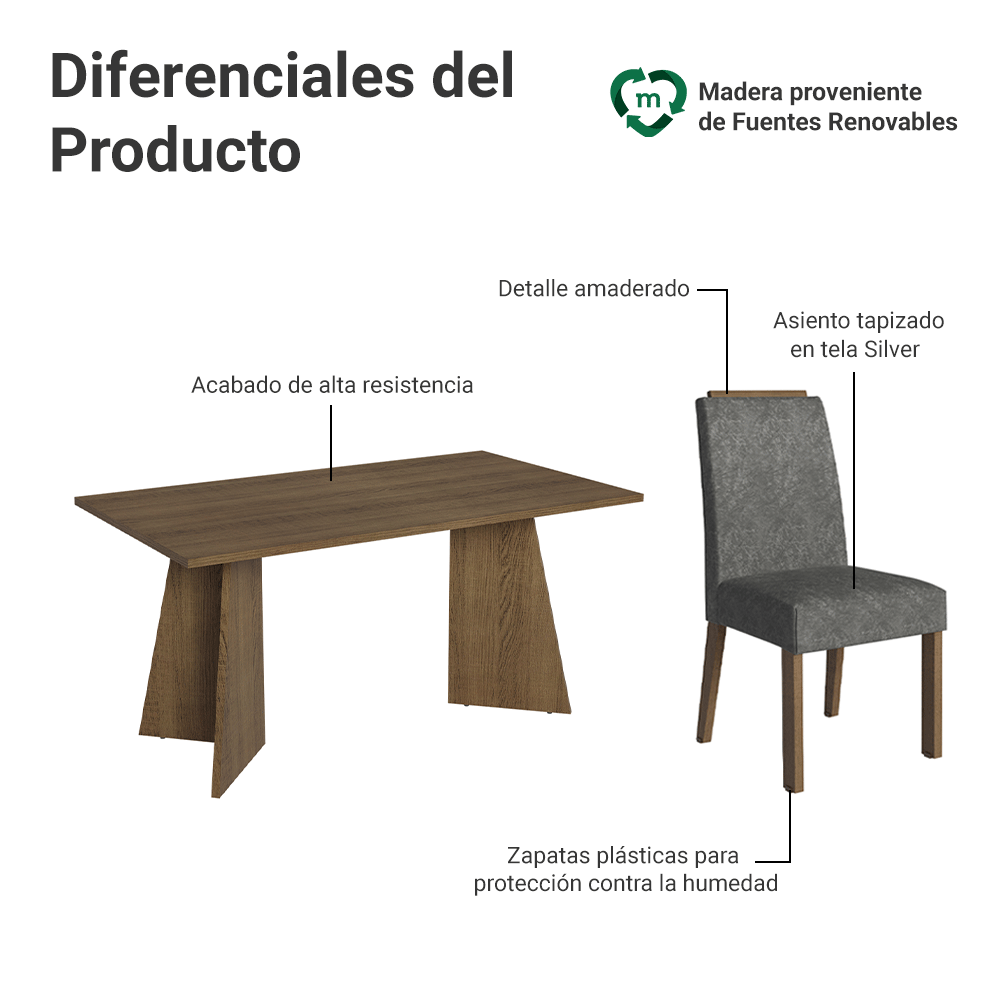 Juego de Comedor Soho con 6 Sillas Marrón/Plateado