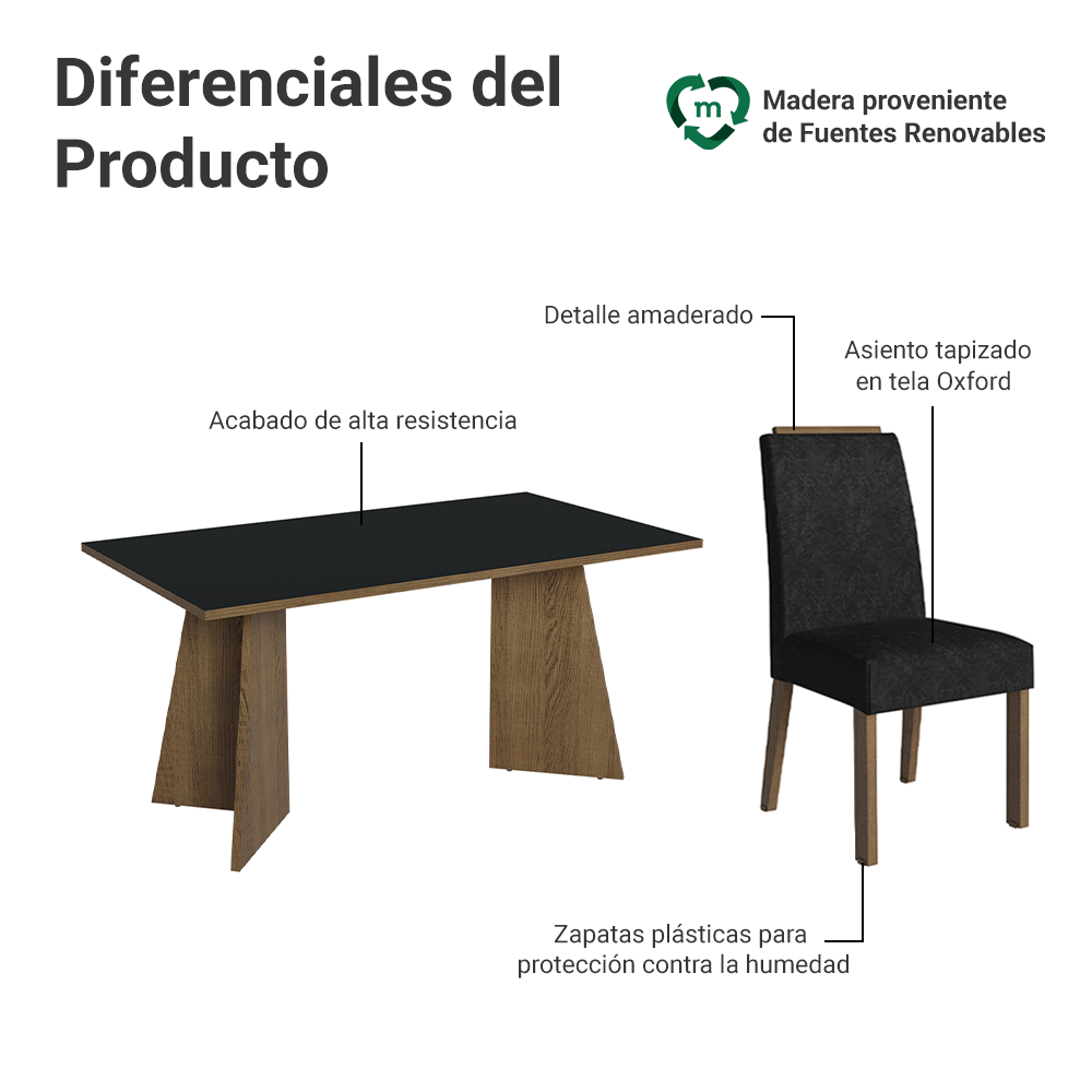 Juego de Comedor Soho con 6 Sillas Marrón/Negro/Oxford