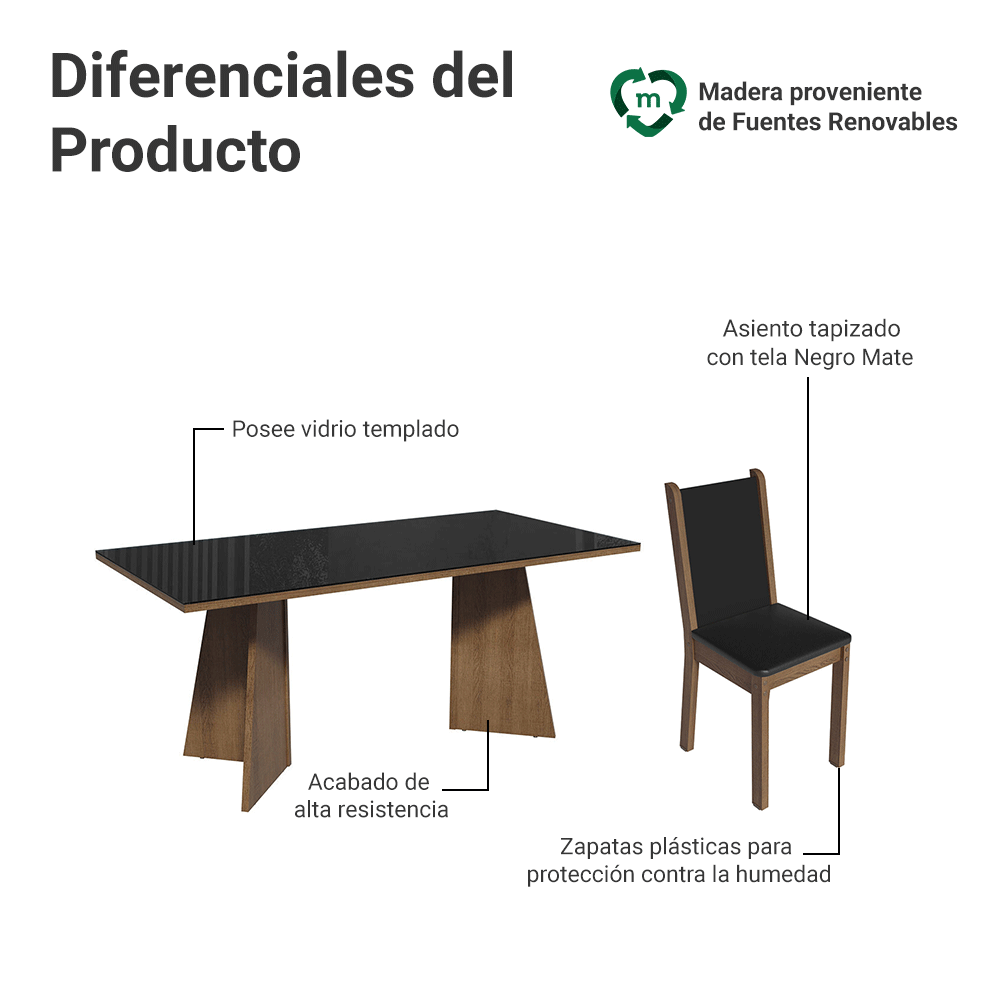 Juego de Comedor Justine con 8 Sillas - Tablero de Madera y Cristal Marrón/Negro