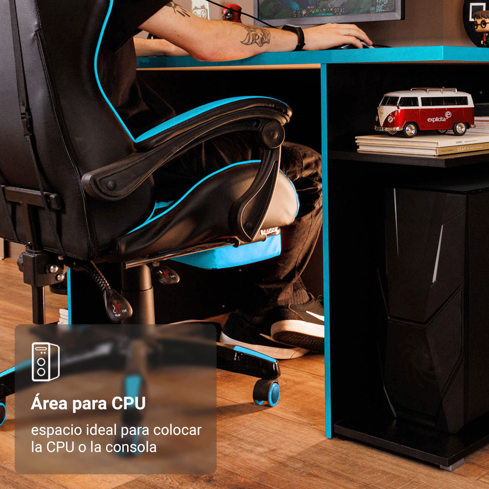 Escritorio Gamer Moderno para PC y Consola NegroAzul