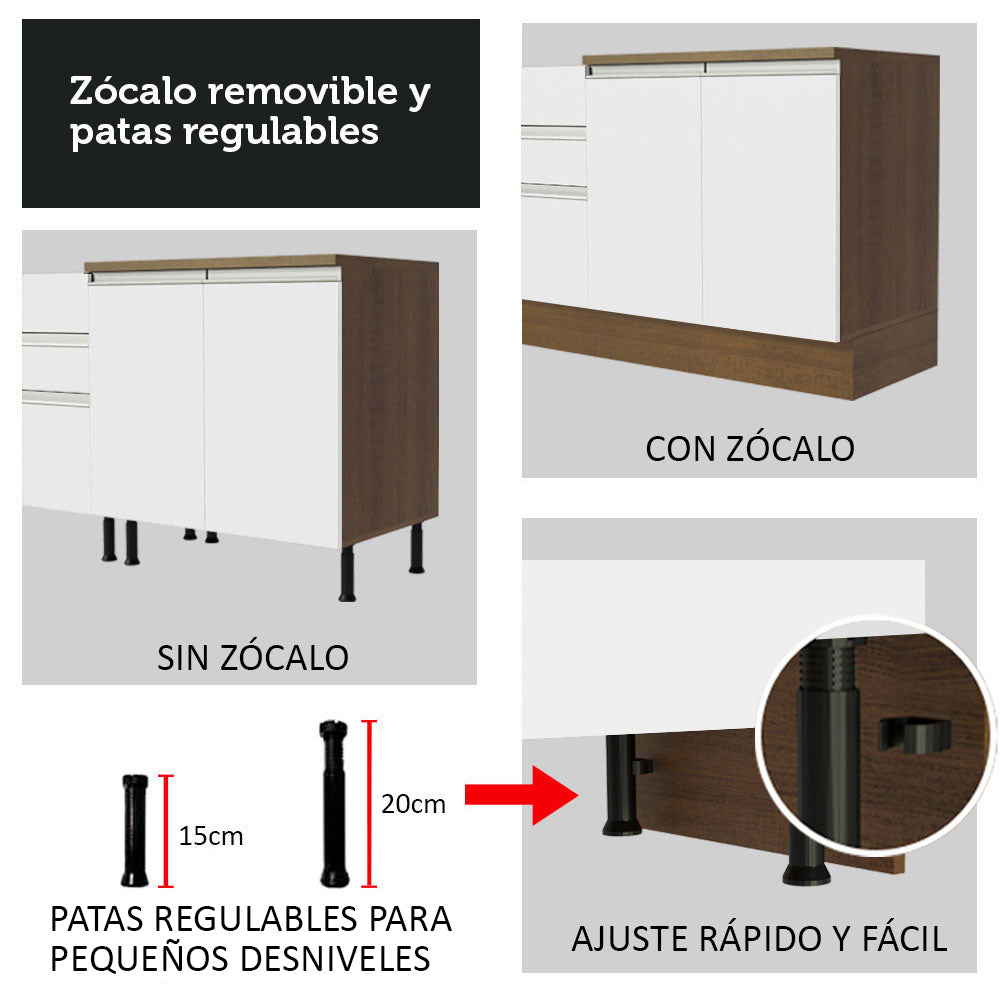 Mueble de Cocina Bajo Glamy 1.20 m 2 Puertas 3 Cajones Marrón/Blanco