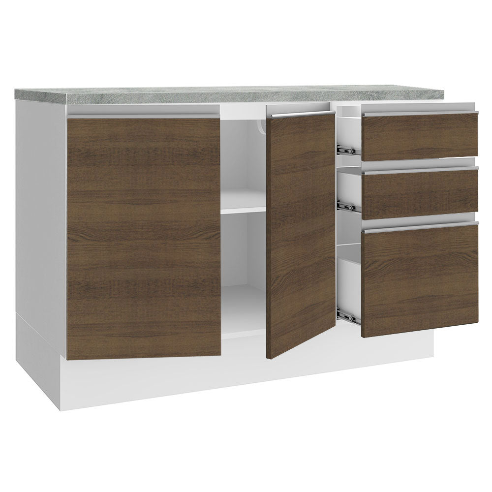 Mueble de Cocina Bajo Glamy 1.20 m 2 Puertas 3 Cajones con Encimera Blanco/Marrón