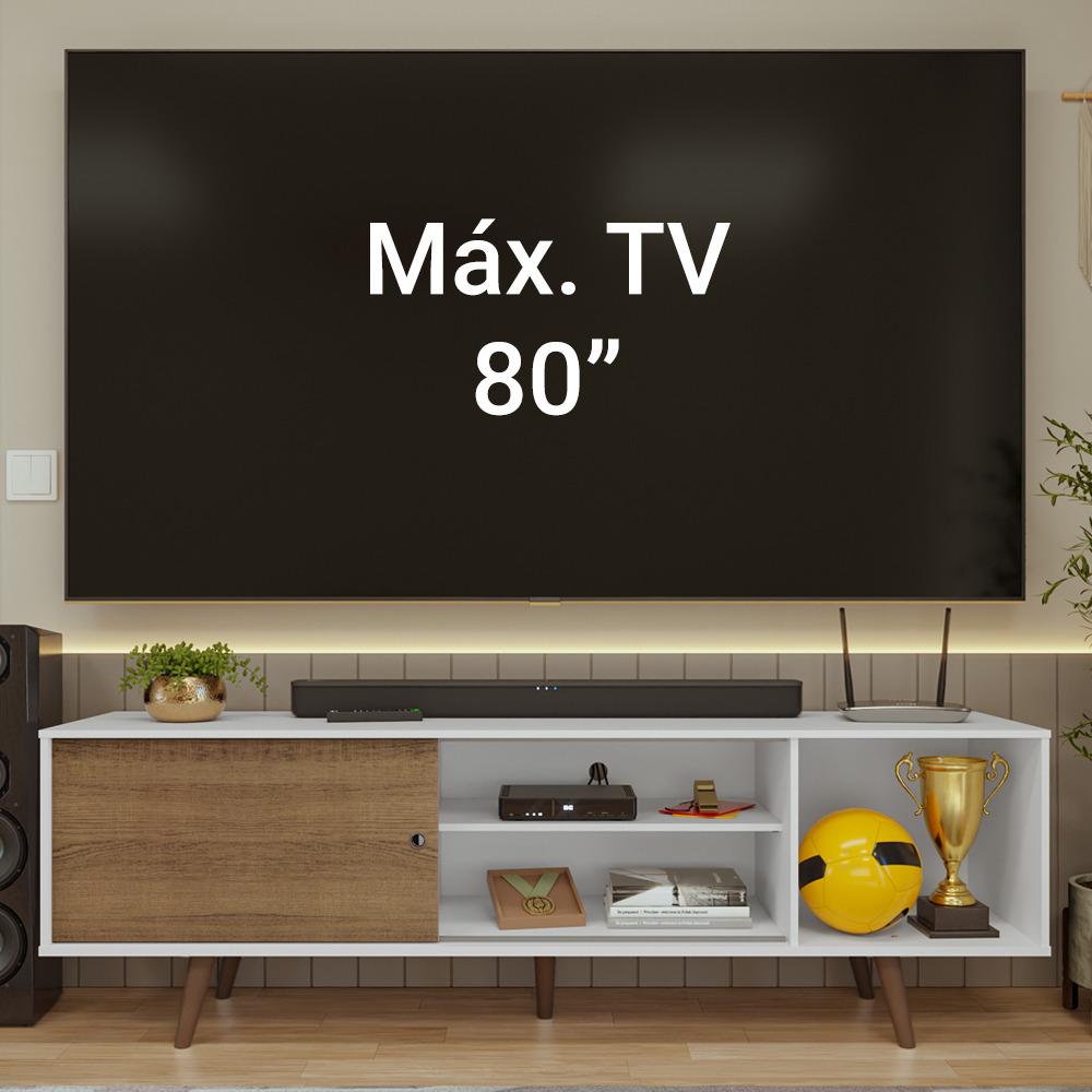 Centro de Entretenimiento Mesa para TV Torino Hasta 80 Pulgadas Blanco/Marrón (Patas Marrón)