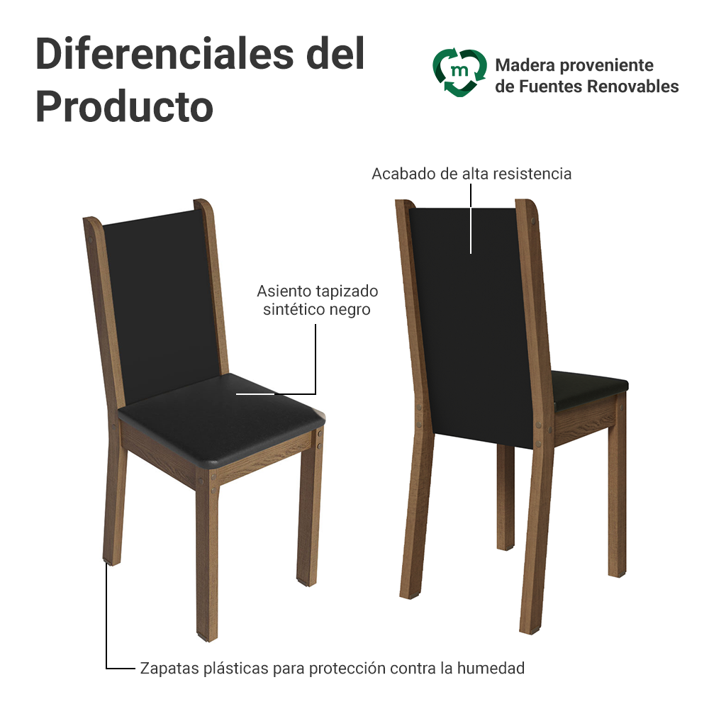 Juego de Comedor Briana con 4 Sillas Marrón/Negro