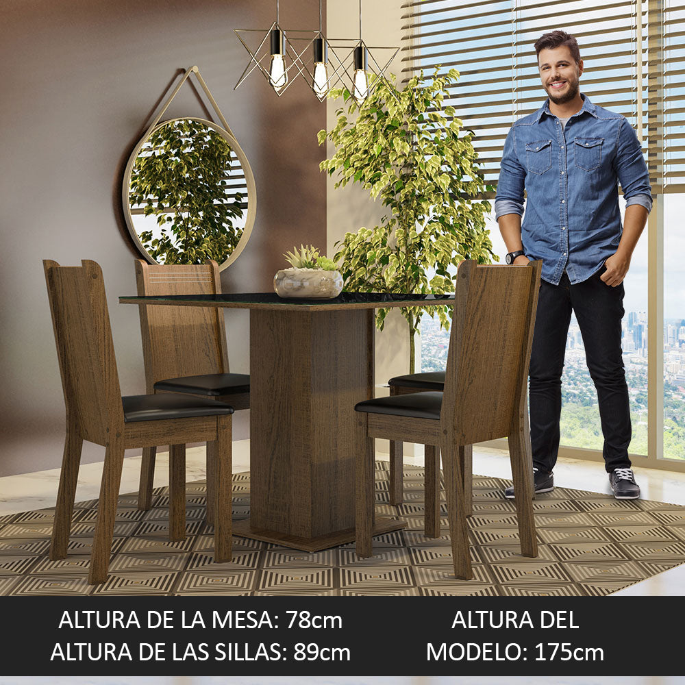 Juego de Comedor Perla con 4 Sillas - Tablero de Madera y Cubierta de Cristal Marrón/Negro