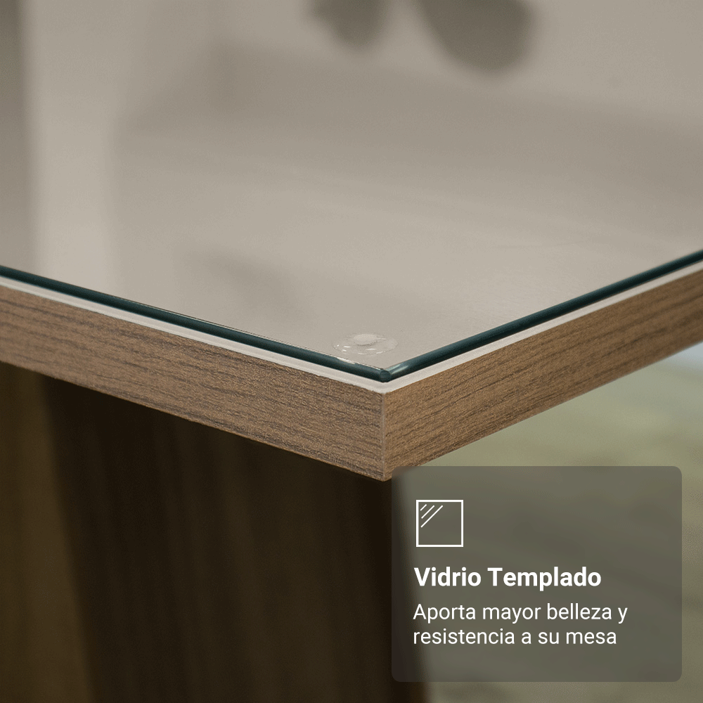 Juego de Comedor Tifani con 4 Sillas - Tablero de Madera y Cubierta de Cristal Marrón/Crema/Beige