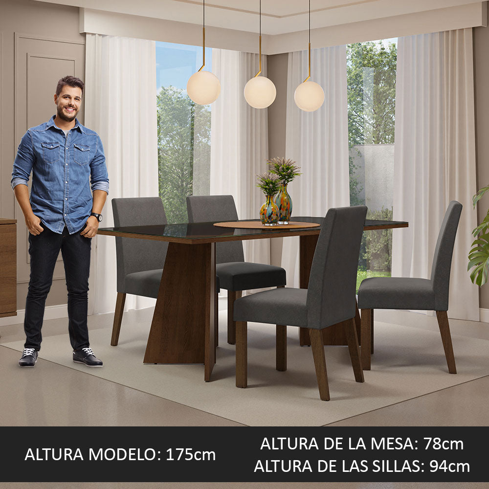 Juego de Comedor Taylor con 4 Sillas - Tablero de Madera y Cristal Marrón/Negro/Plateado