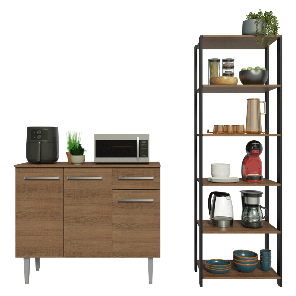 Kit Mueble de Cocina Bajo 1.05 m + Estante Organizador Multiuso 5 Niveles Marrón