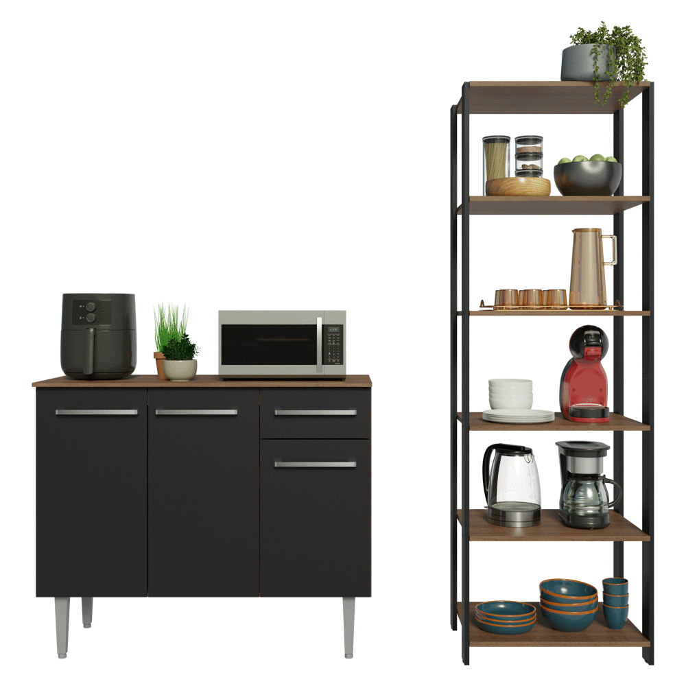 Kit Mueble de Cocina Bajo 1.05 m + Estante Organizador Multiuso 5 Niveles Marrón/Negro