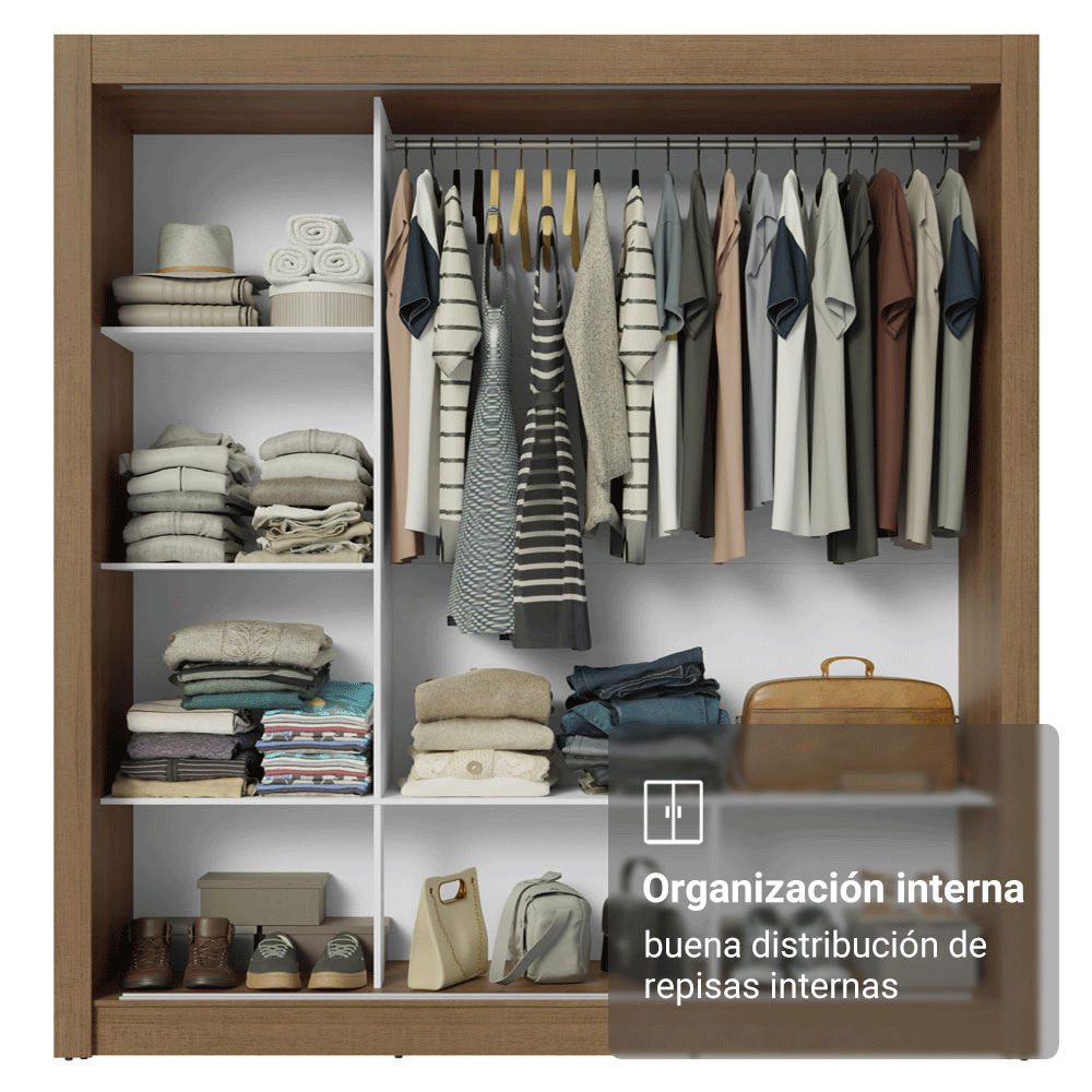 Clóset Monaco 3 Puertas Corredizas 1 Espejo Marrón/Blanco 170 cm x 205 cm x 51 cm