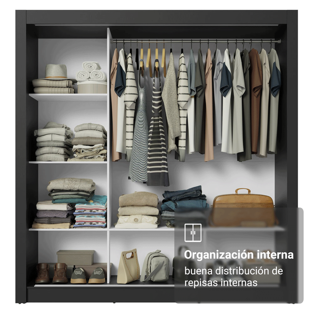 Clóset Monaco 3 Puertas Corredizas 1 Espejo Negro/Marrón 170 cm x 205 cm x 51 cm