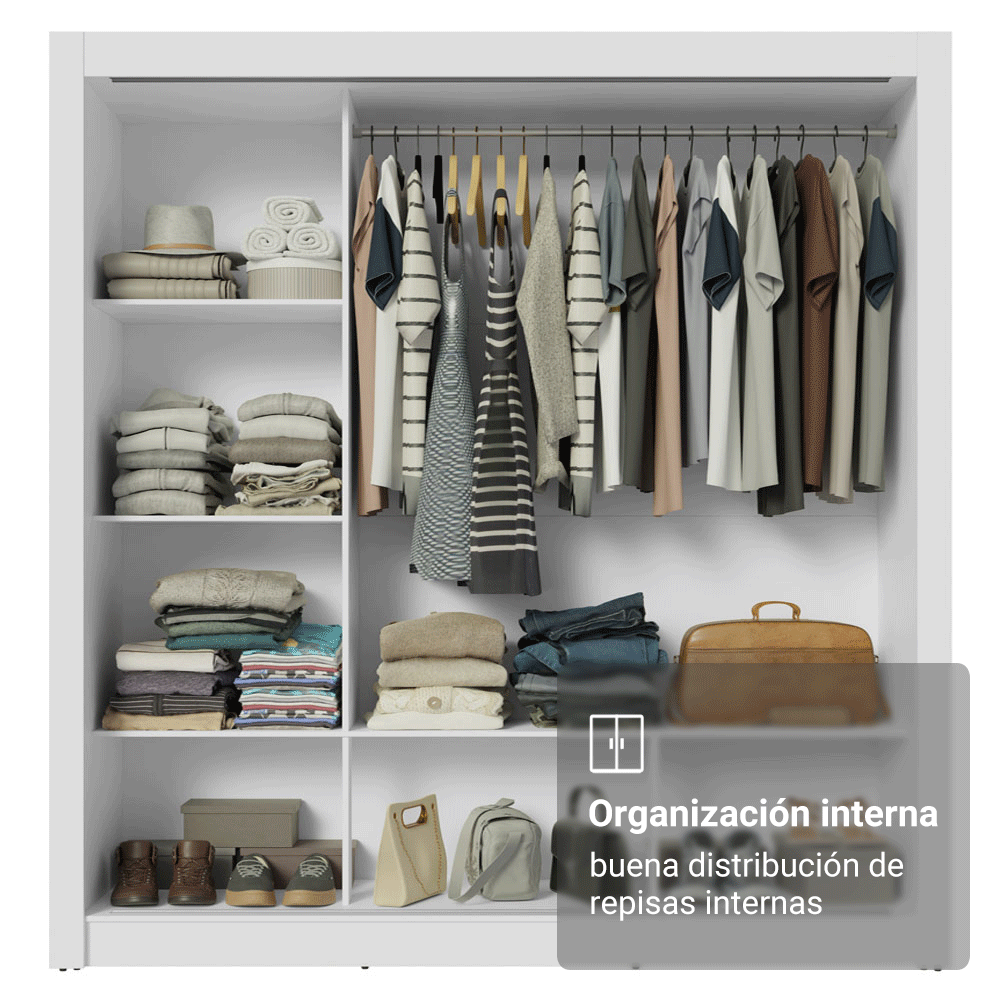 Clóset Nobre 3 Puertas Corredizas 2 Espejos Blanco/Negro 205 cm x 170 cm x 51 cm
