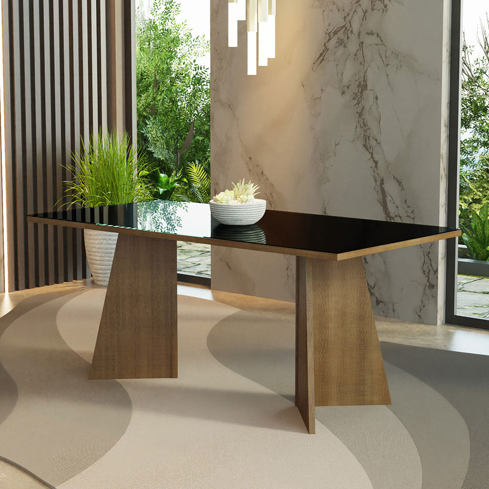 Mesa de Comedor Rectangular 8 Puestos con Tablero de Madera y Cristal MarrónNegro