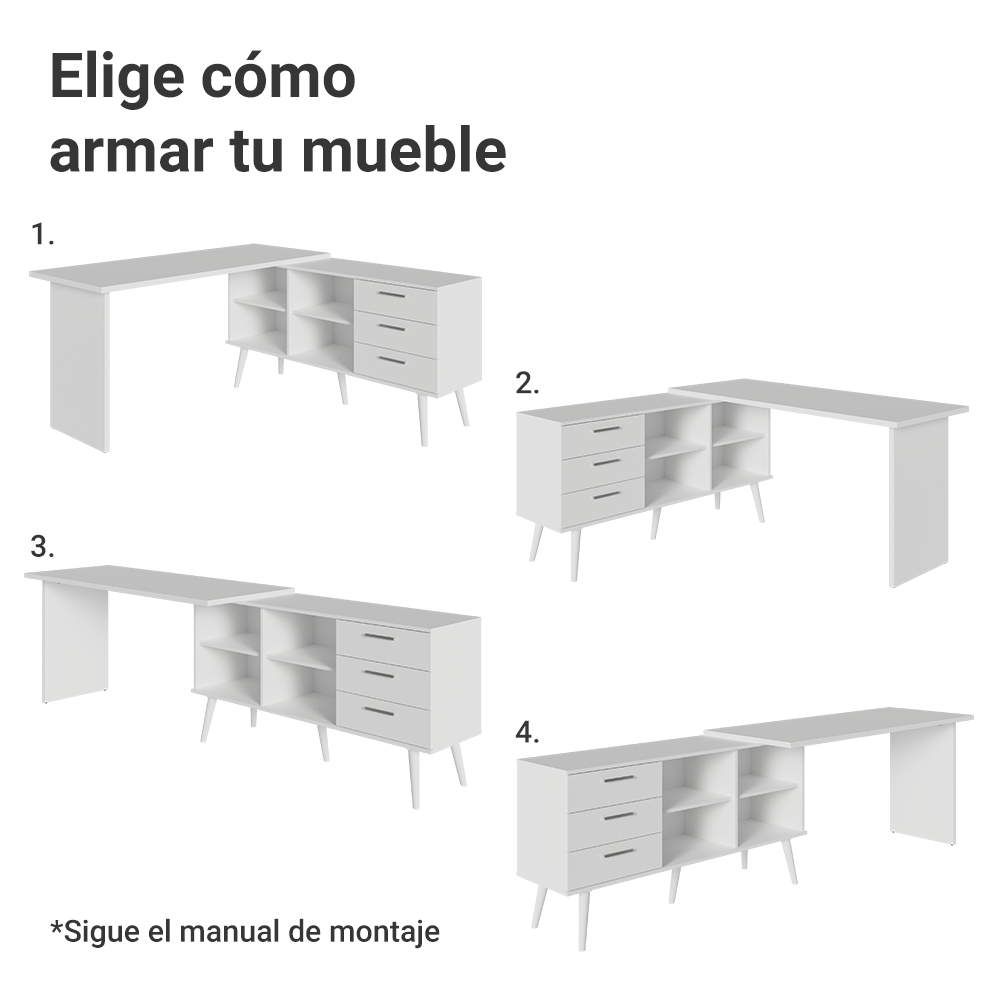 Escritorio Mesa de Oficina de Esquina Lisboa con 3 Cajones Patas y Nichos Blanco
