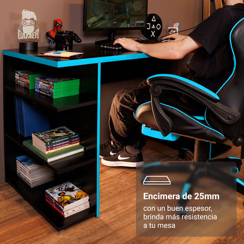 Escritorio Gamer Moderno para PC y Consola NegroAzul