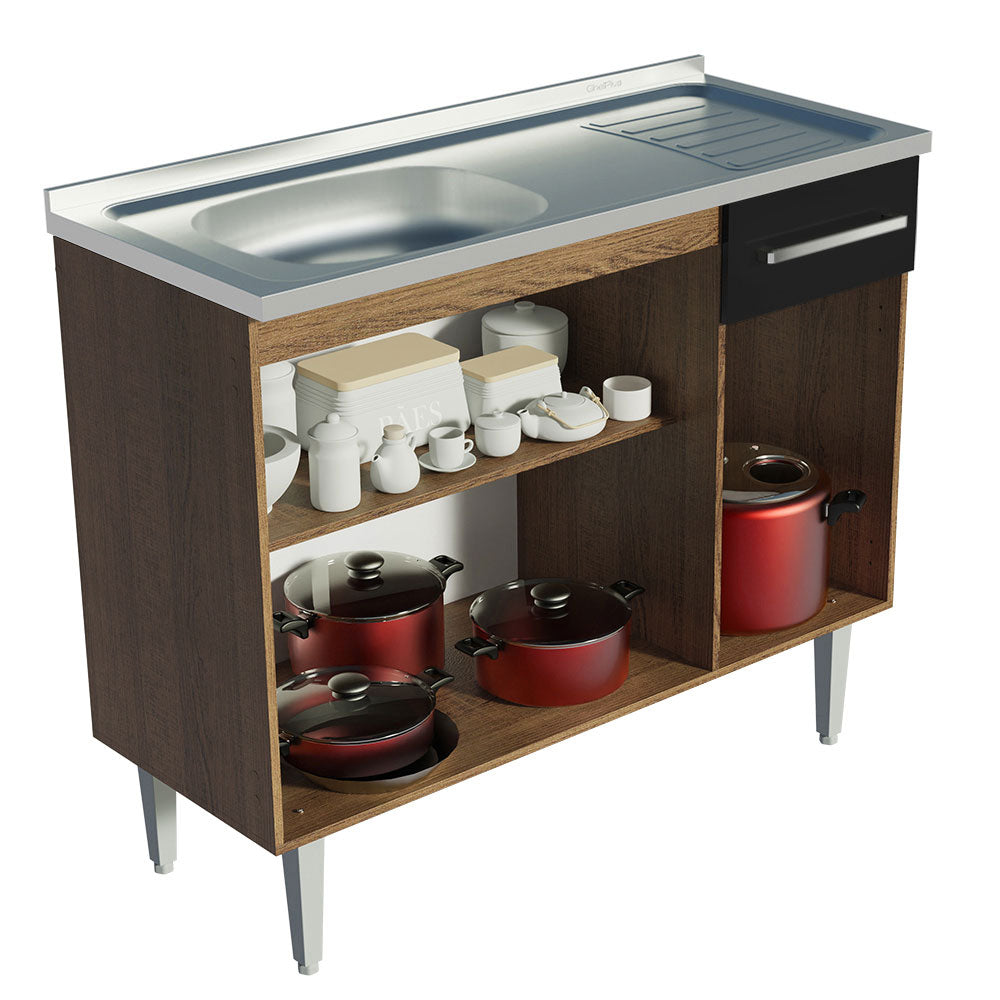 Mueble de Cocina Bajo Emilly 1.05 m con Mesón de Acero Marrón/Negro