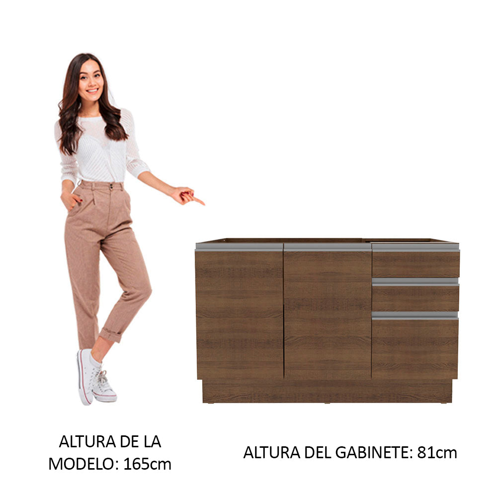 Mueble de Cocina Bajo Glamy 1.20 m 2 Puertas 3 Cajones y Portacubiertos Marrón
