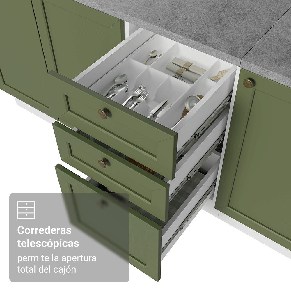 Mueble de Cocina Bajo Vik 1.20 m 2 Puertas 3 Cajones con Encimera Blanco/Verde