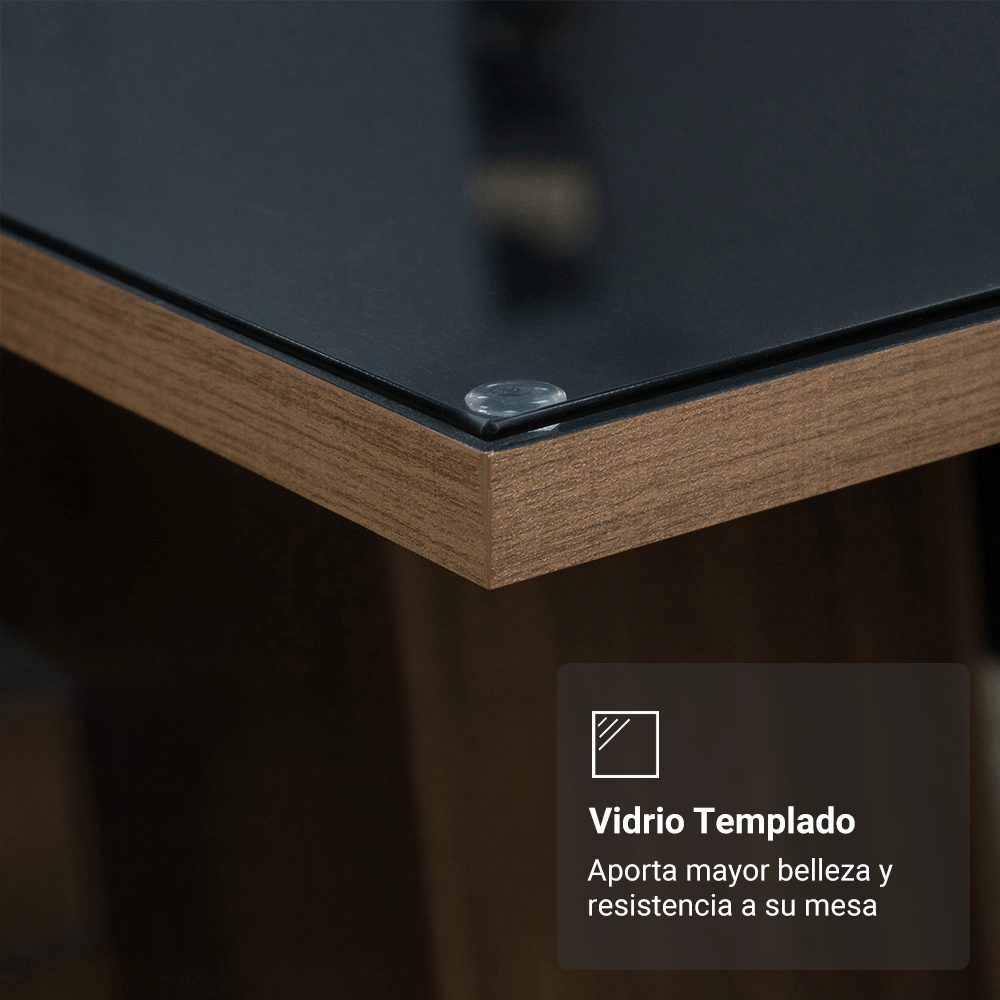 Juego de Comedor Braga con 4 Sillas - Tablero de Madera y Cristal Marrón/Negro/Oxford