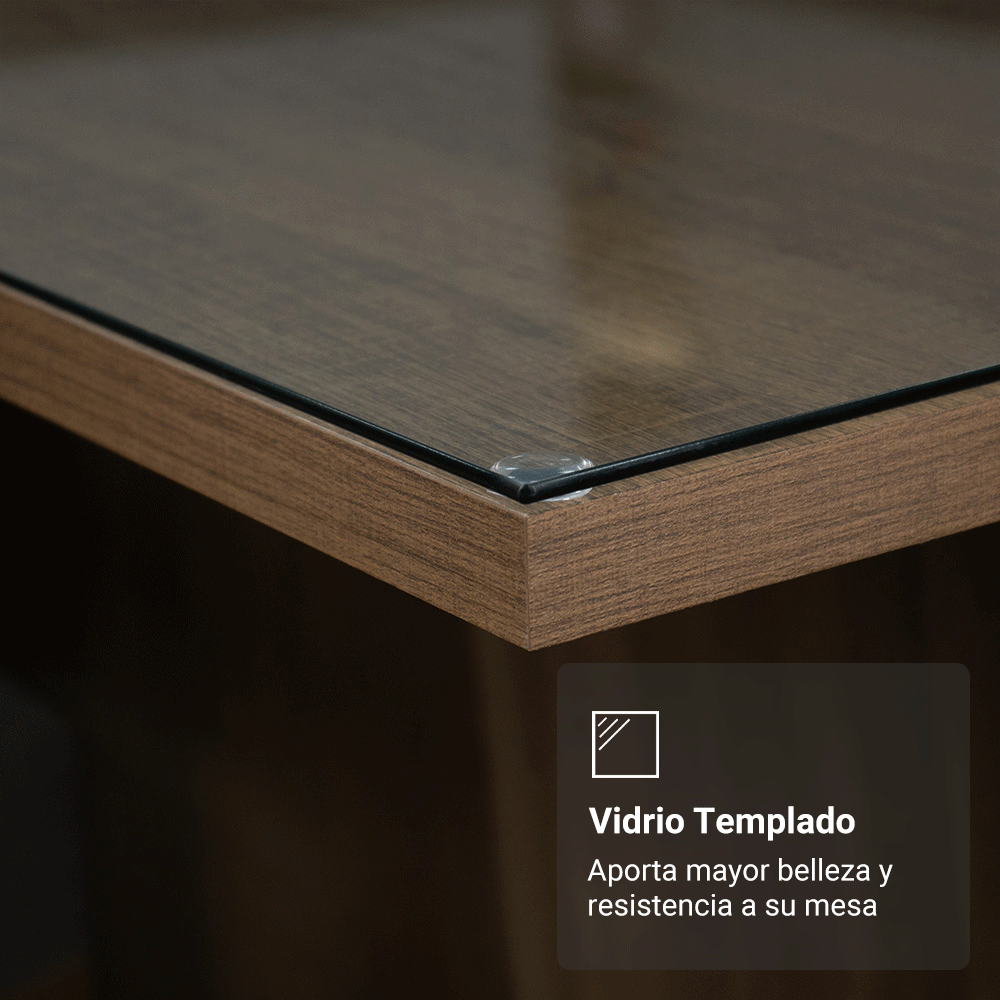 Juego de Comedor Madrid con 6 Sillas - Tablero de Madera y Cristal Marrón/Plateado