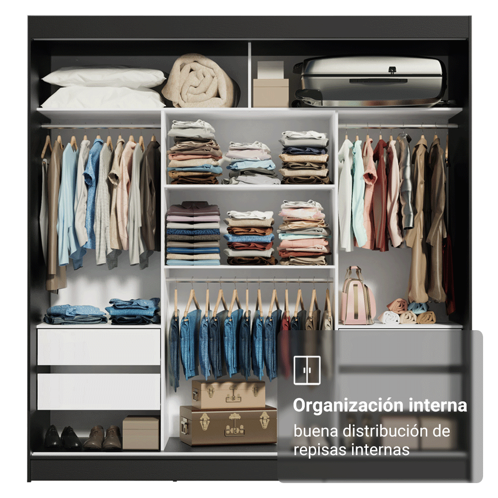 Clóset Reno 3 Puertas Corredizas con Espejos Negro 180 cm x 205 cm x 54 cm