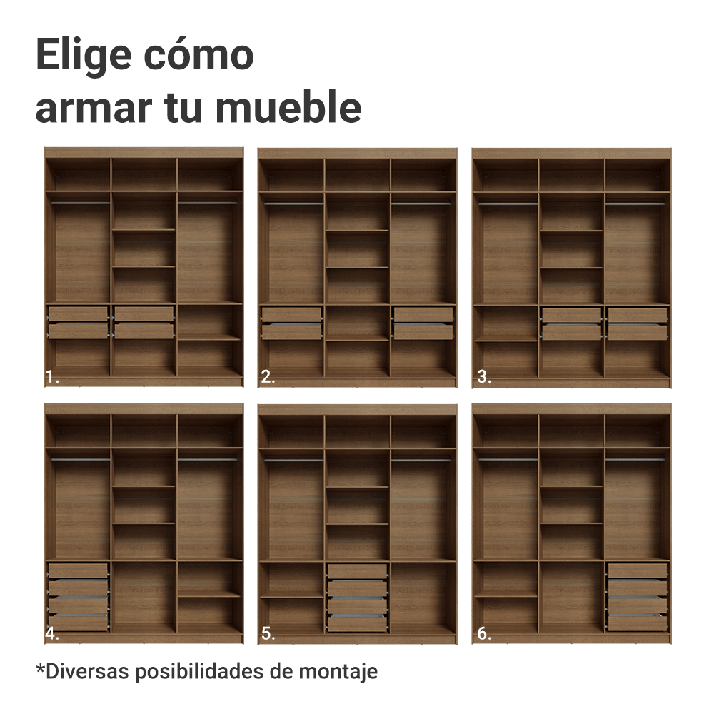 Closet Venus 6 Puertas 4 Cajones 2 Espejos MarrónNegro