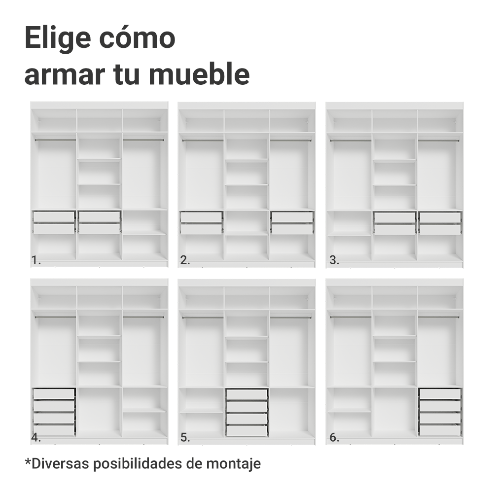 Closet Venus 6 Puertas 4 Cajones 2 Espejos BlancoNegro