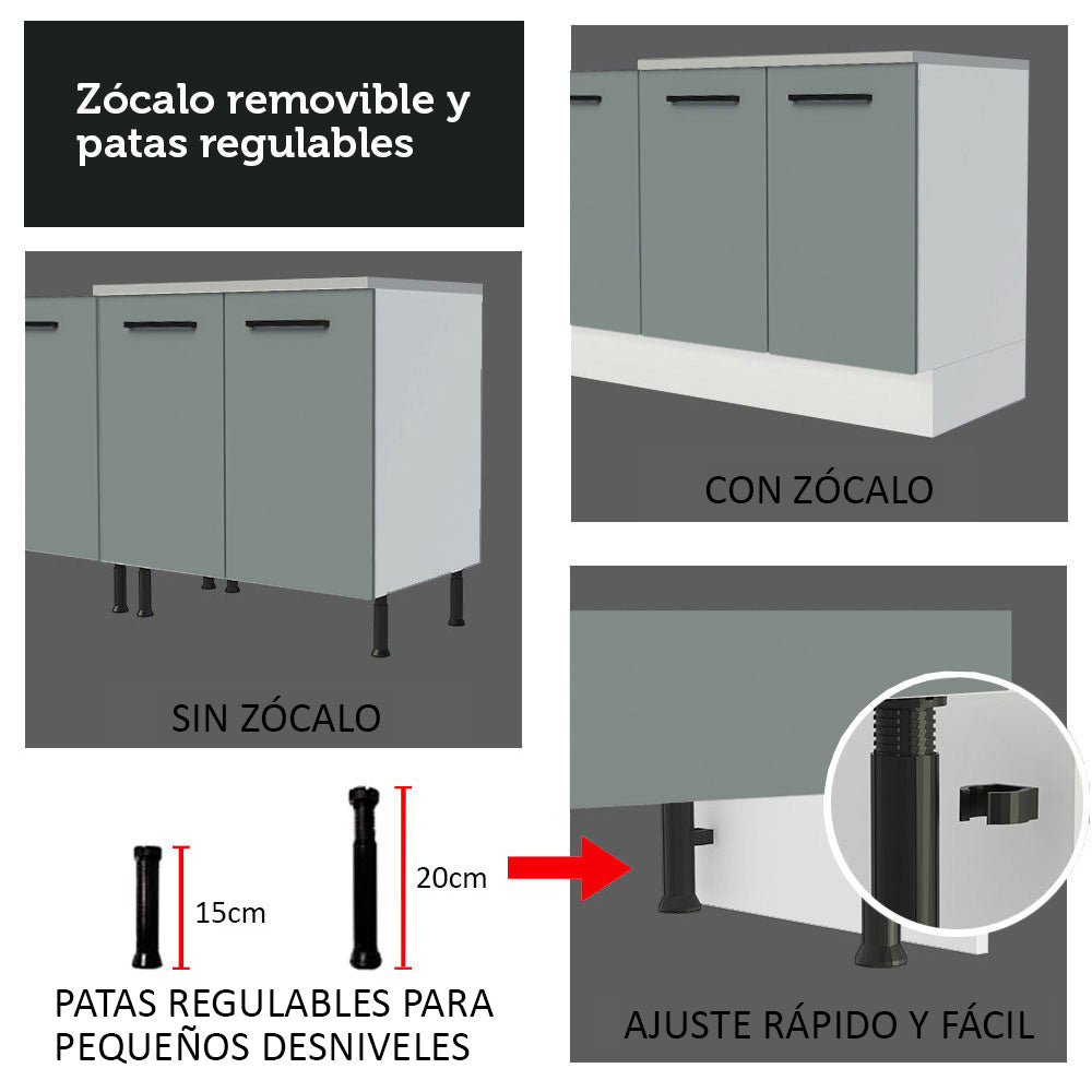 Mueble de Cocina Bajo Agata 1.20 m 2 Puertas 3 Cajones Blanco/Gris