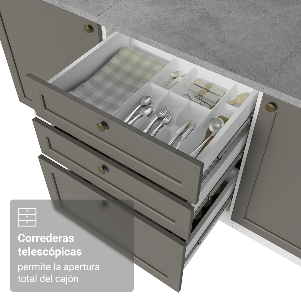 Mueble de Cocina Bajo Vik 60 cm 3 Cajones Blanco/Gris