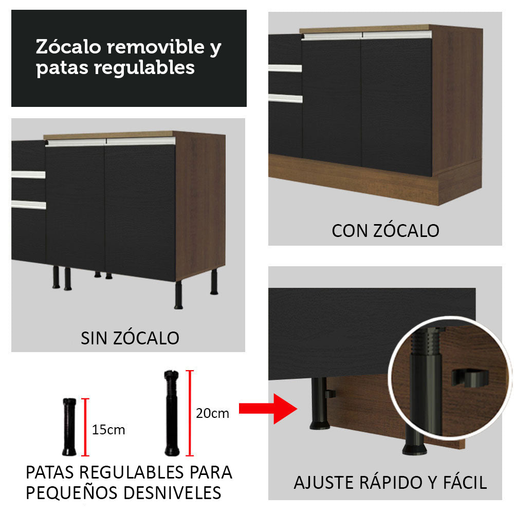 Gabinete Bajo de Lavaplatos 120cm 1 Puerta 2 Cajones Marrón/Negro (Sin Mesón y Sin Lavaplatos) Glamy
