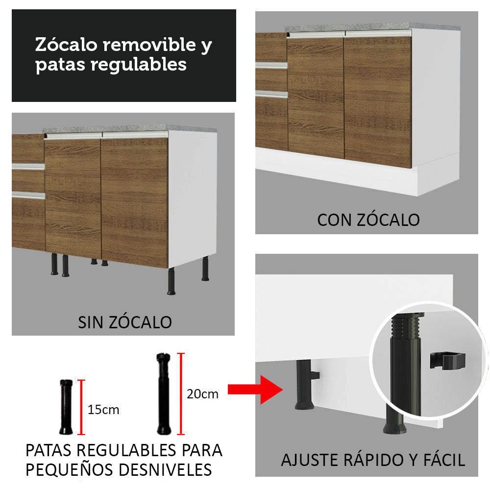 Mueble de Cocina Bajo Glamy 1.50 m 2 Puertas 2 Cajones Blanco/Marrón