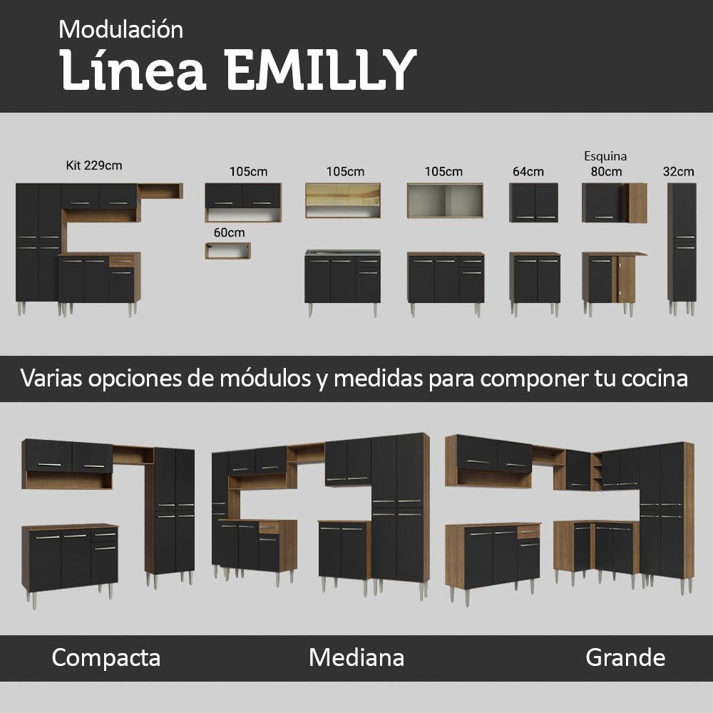 Cocina Integral Compacta Emilly 1.05 m con Mesón de Acero Marrón/Negro 04