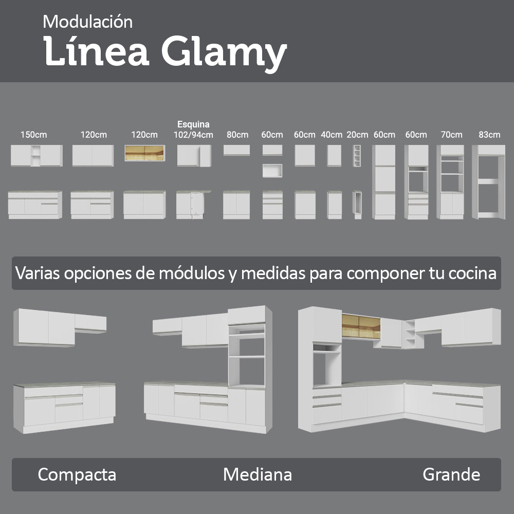 Mueble de Cocina Bajo Glamy 1.50 m 2 Puertas 2 Cajones con Encimera Blanco