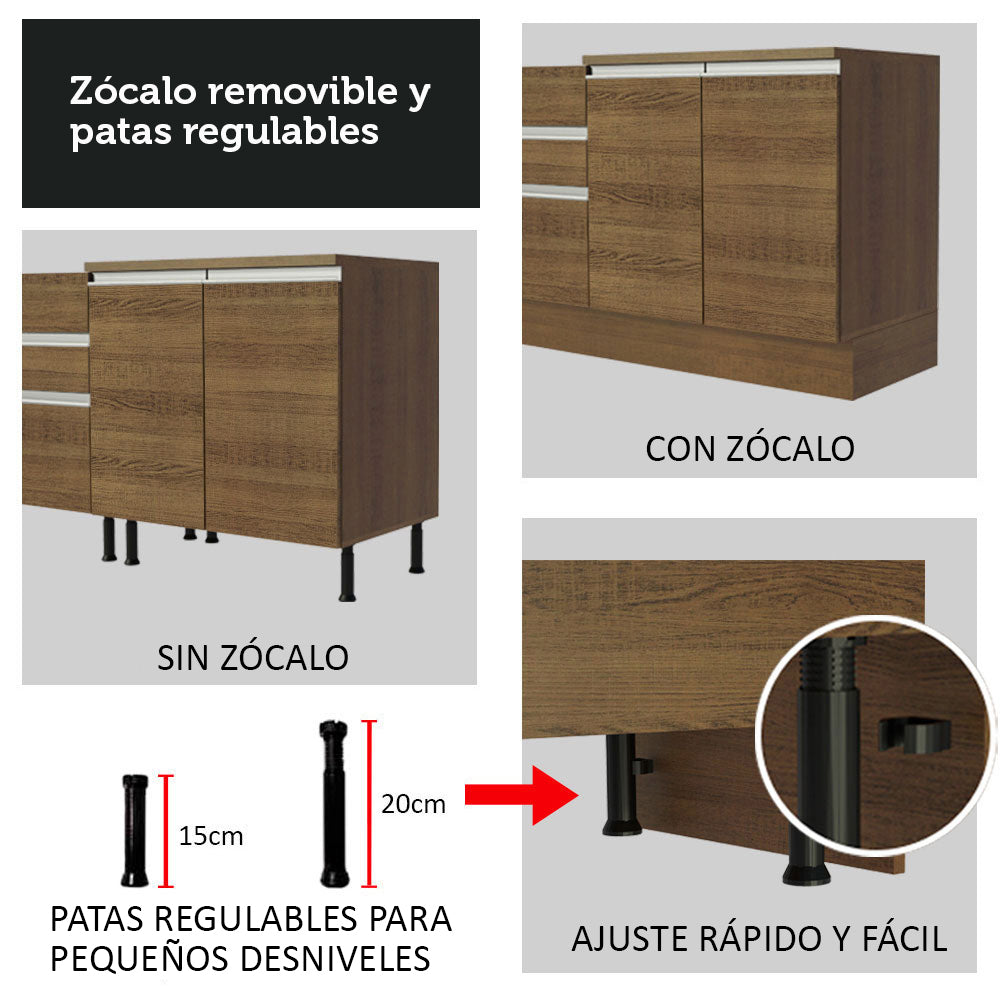 Mueble de Cocina Bajo Glamy 1.50 m 2 Puertas 2 Cajones Marrón